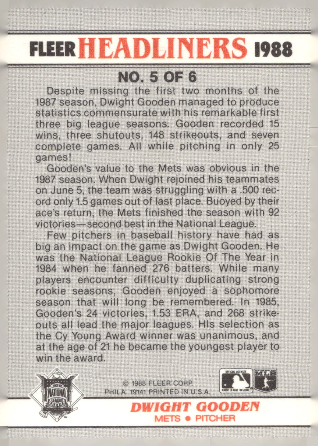 1988 Fleer #5 Dwight Gooden Headliners