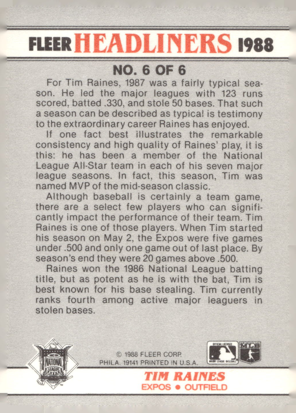 1988 Fleer #6 Tim Raines Headliners
