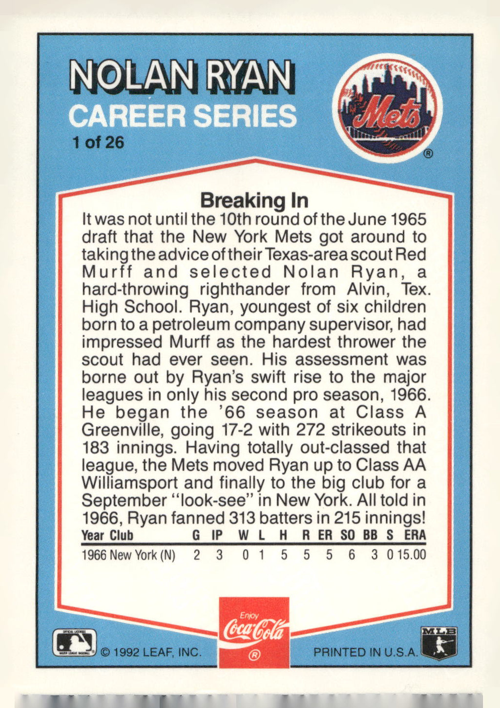 1992 Donruss Coca-Cola Nolan Ryan #1 Nolan Ryan