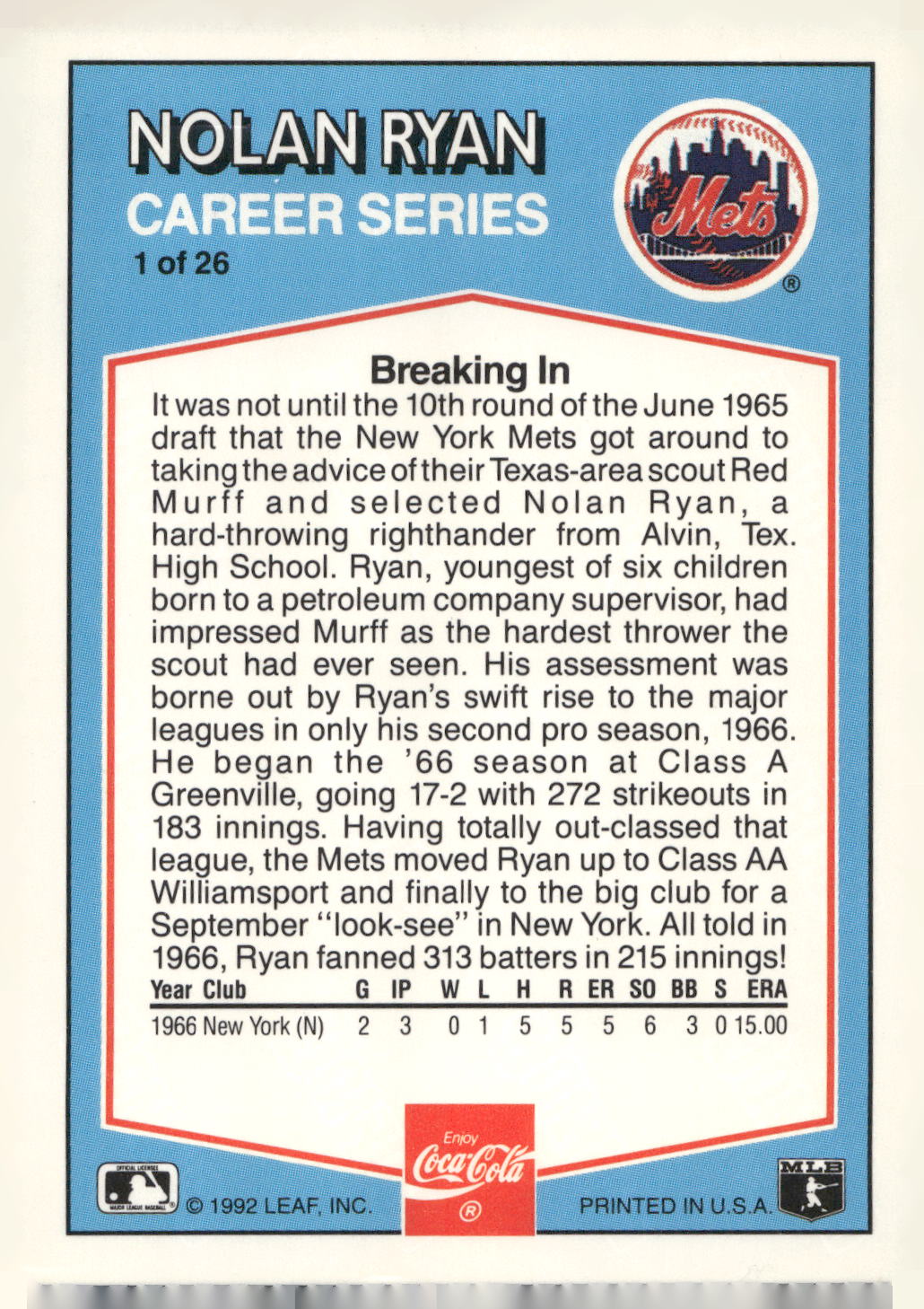 1992 Donruss Coca-Cola Nolan Ryan #1 Nolan Ryan