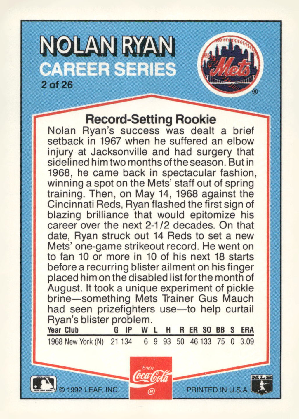 1992 Donruss Coca-Cola Nolan Ryan #2 Nolan Ryan