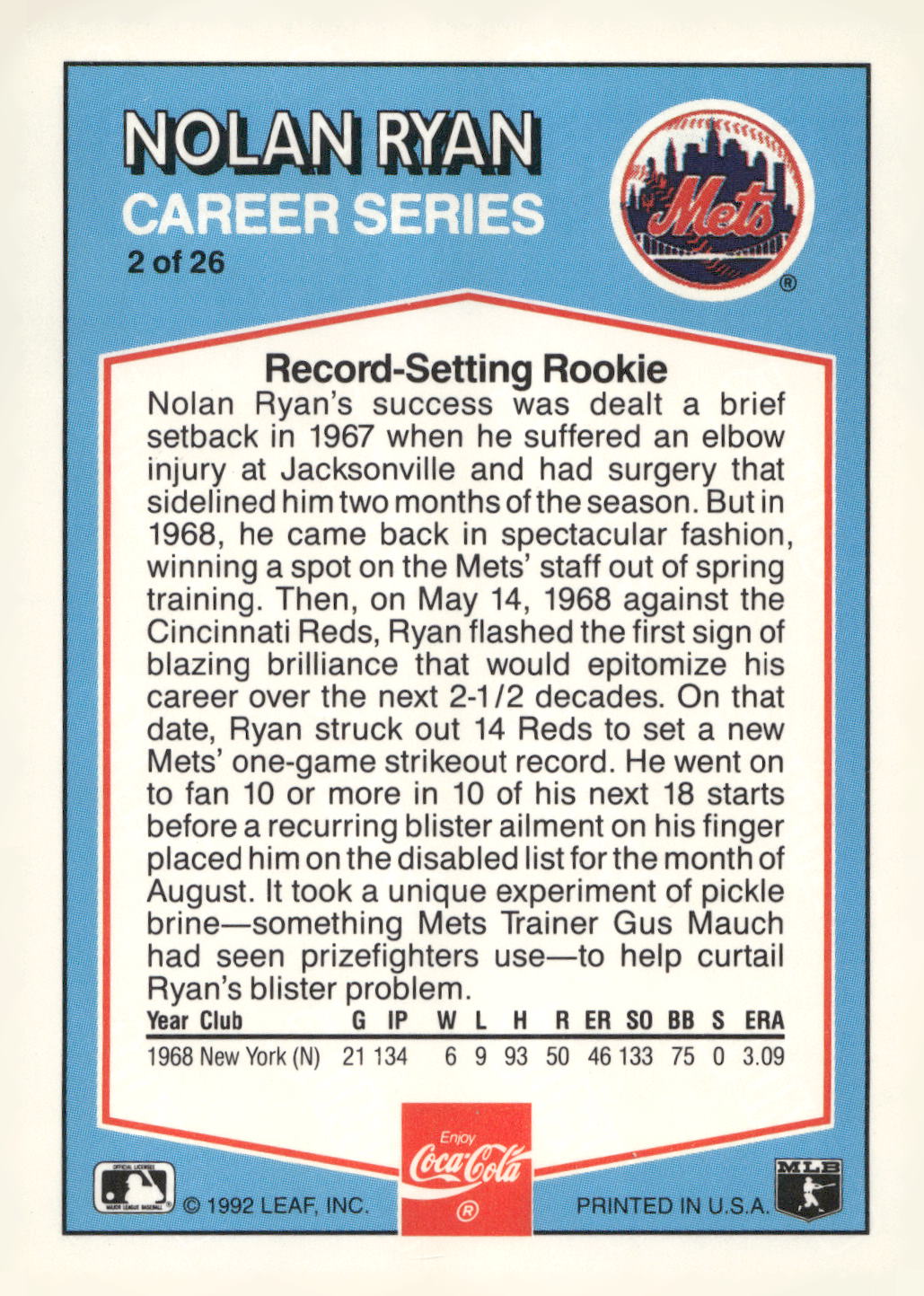 1992 Donruss Coca-Cola Nolan Ryan #2 Nolan Ryan