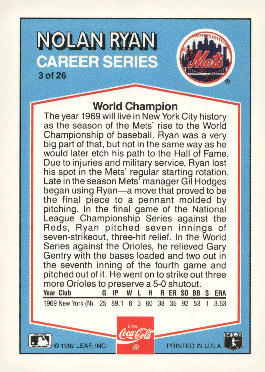 1992 Donruss Coca-Cola Nolan Ryan #3 Nolan Ryan