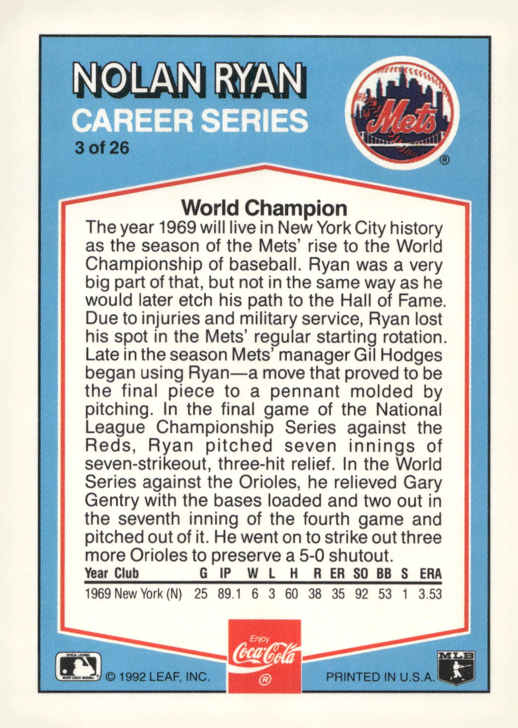 1992 Donruss Coca-Cola Nolan Ryan #3 Nolan Ryan