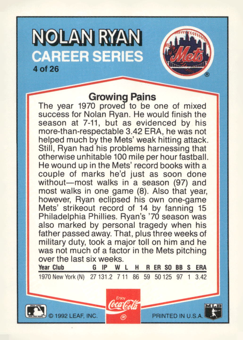1992 Donruss Coca-Cola Nolan Ryan #4 Nolan Ryan