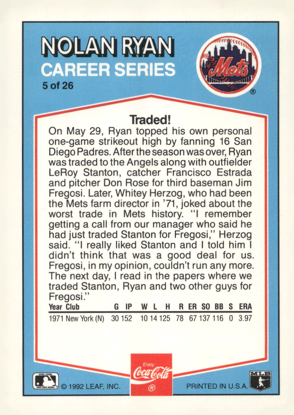 1992 Donruss Coca-Cola Nolan Ryan #5 Nolan Ryan