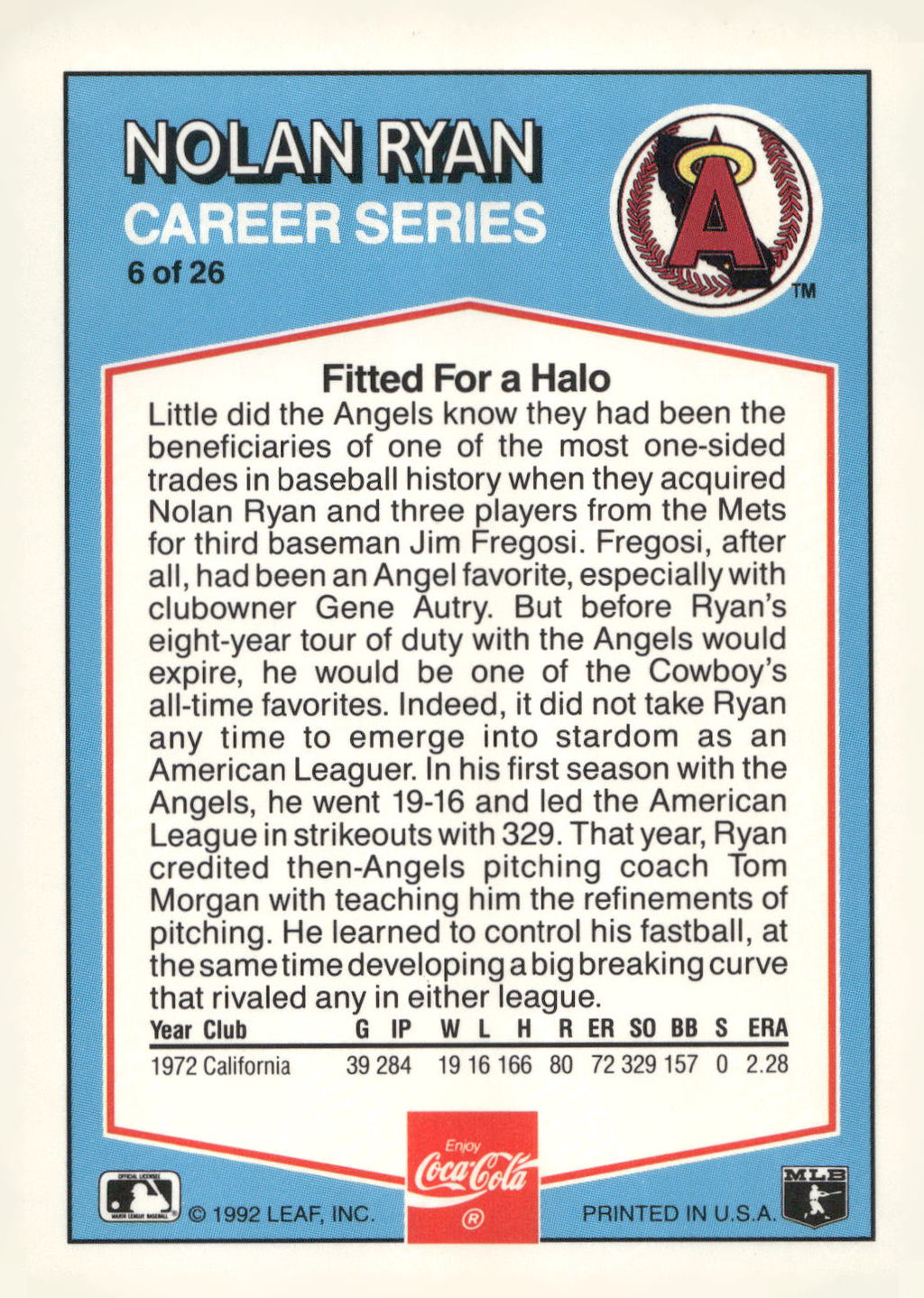 1992 Donruss Coca-Cola Nolan Ryan #6 Nolan Ryan