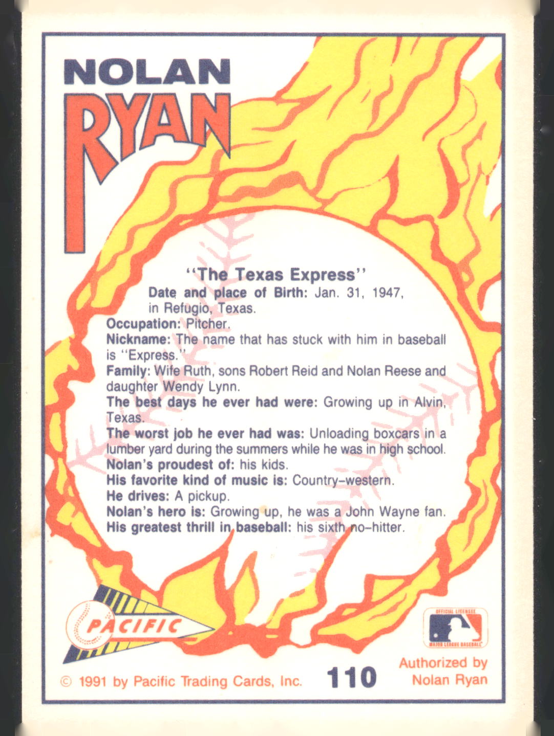 1991 Pacific Nolan Ryan Texas Express I #110 Nolan Ryan