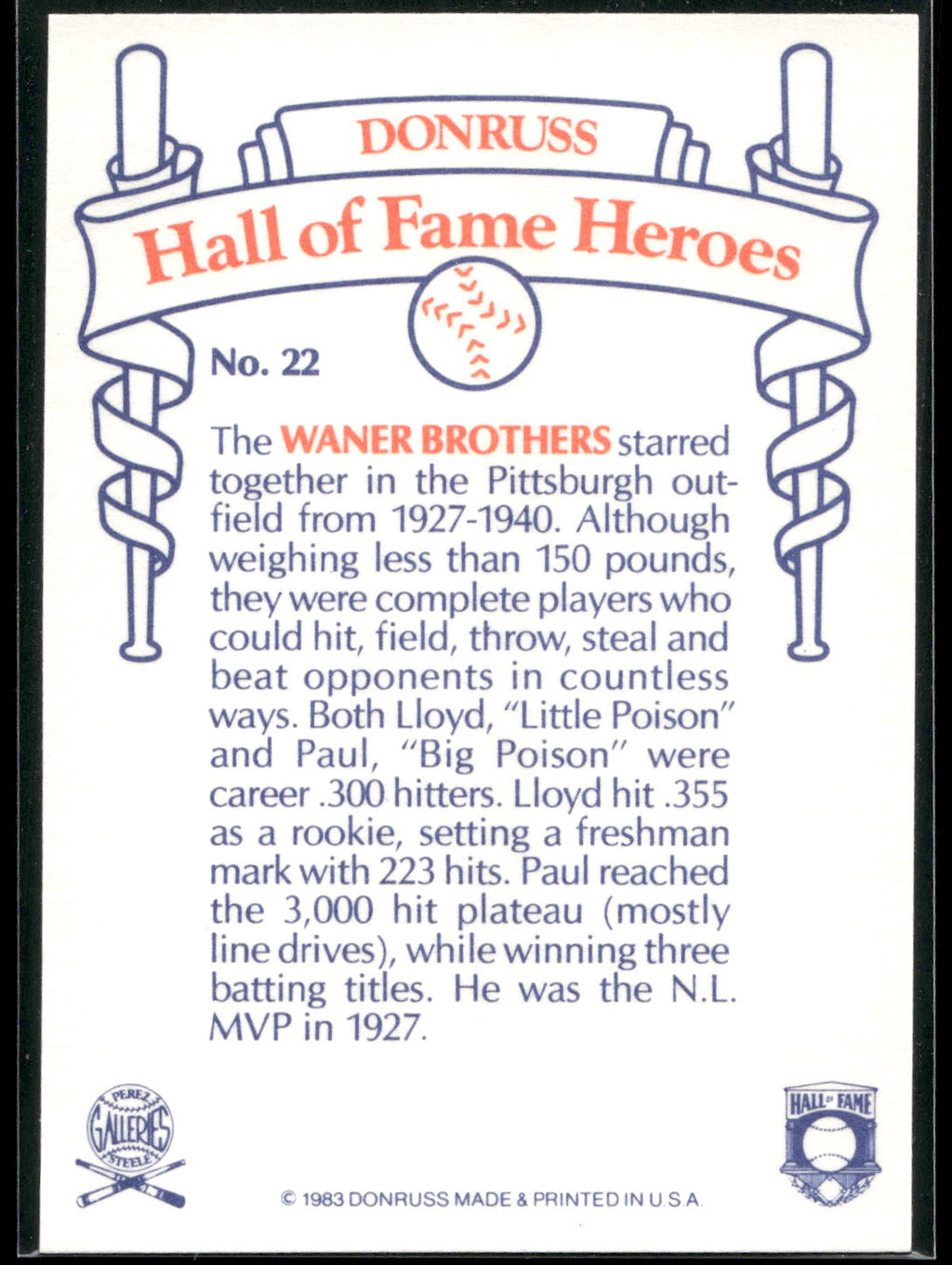 1983 Donruss Hall of Fame Heroes #22 The Waner Brothers