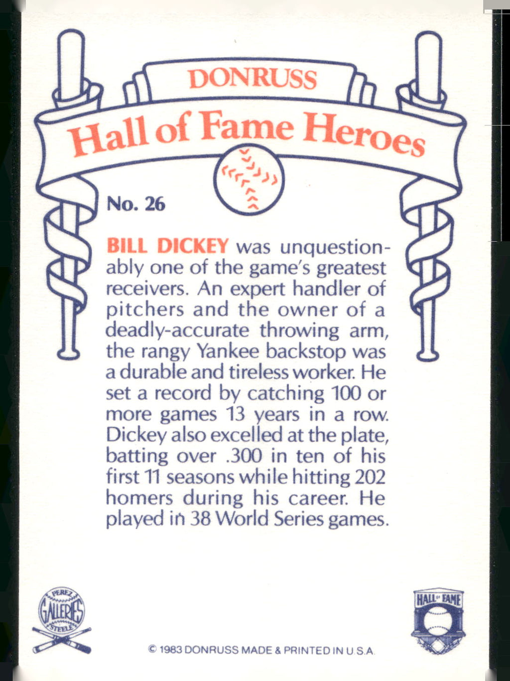 1983 Donruss Hall of Fame Heroes #26 Bill Dickey