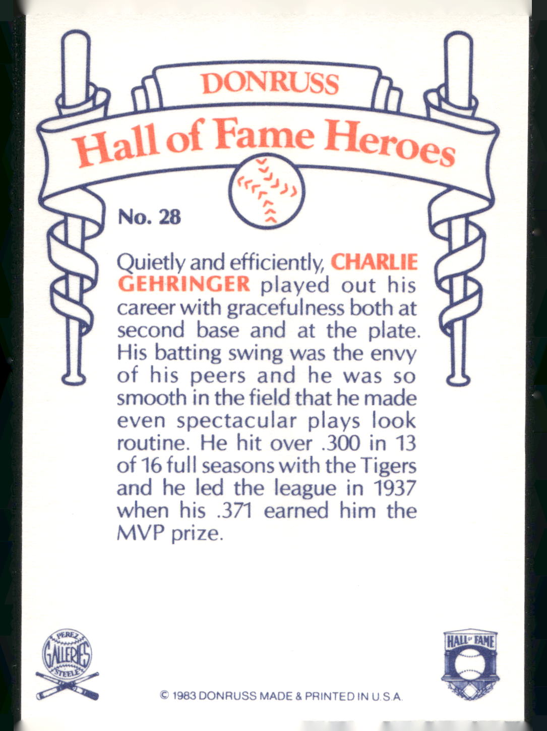 1983 Donruss Hall of Fame Heroes #28 Charlie Gehringer