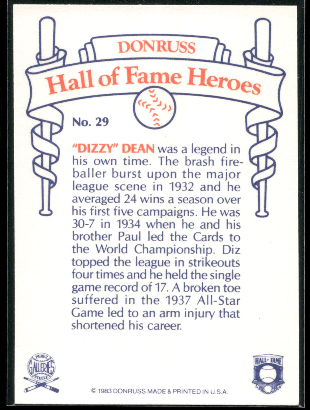 1983 Donruss Hall of Fame Heroes #29 Dizzy Dean