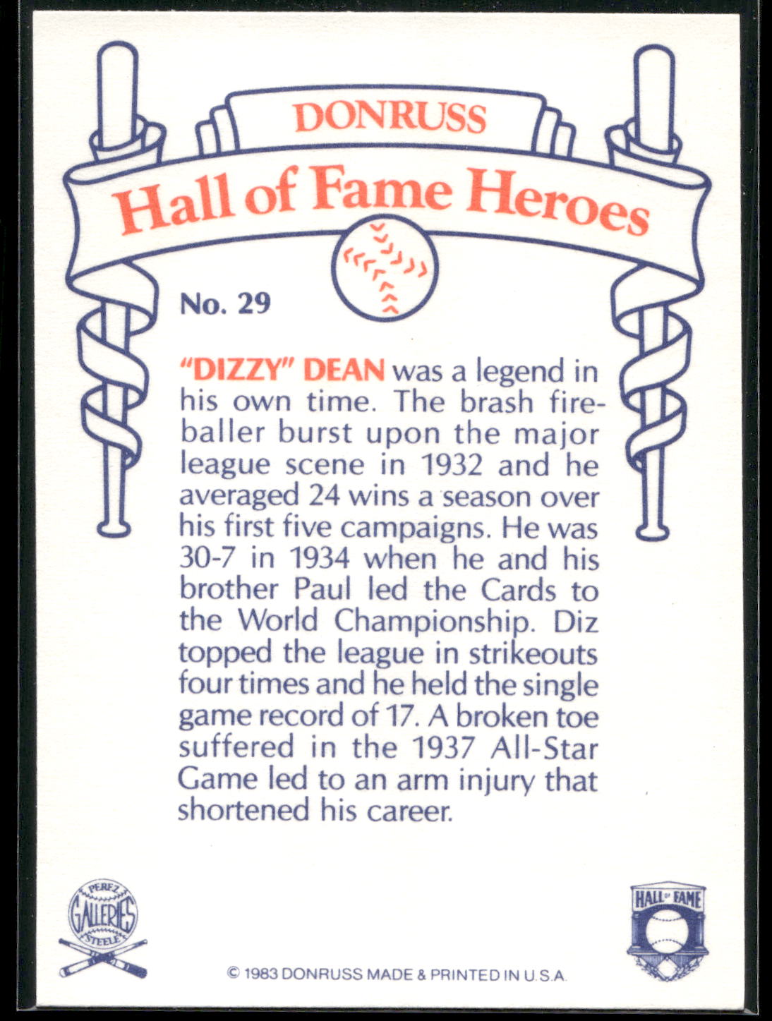 1983 Donruss Hall of Fame Heroes #29 Dizzy Dean