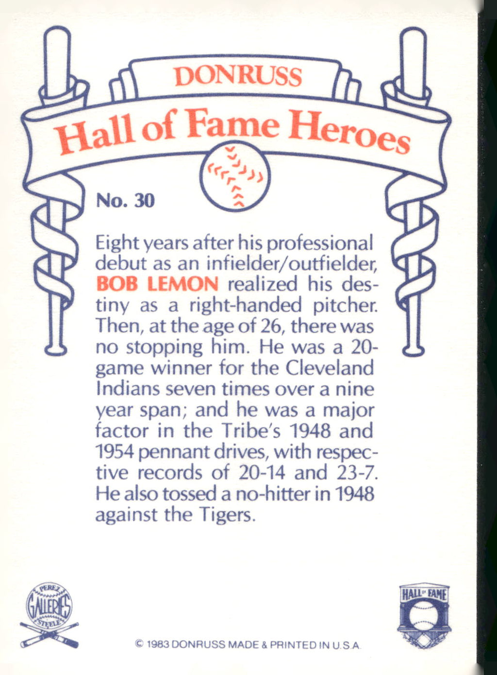 1983 Donruss Hall of Fame Heroes #30 Bob Lemon