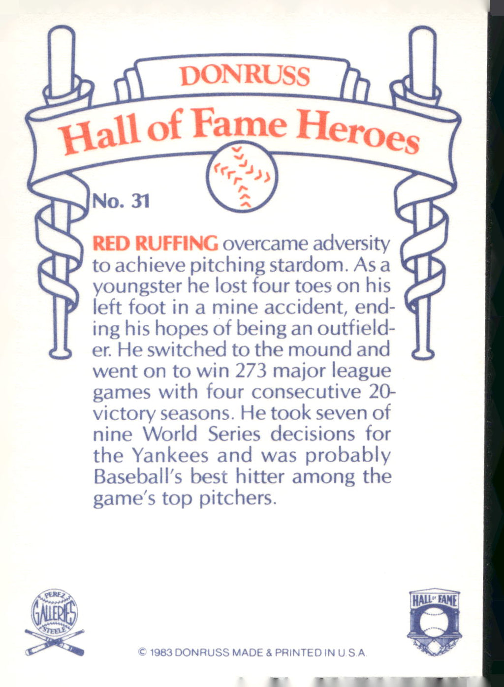 1983 Donruss Hall of Fame Heroes #31 Red Ruffing