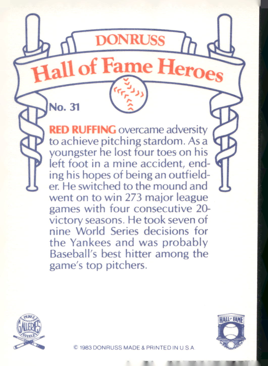 1983 Donruss Hall of Fame Heroes #31 Red Ruffing