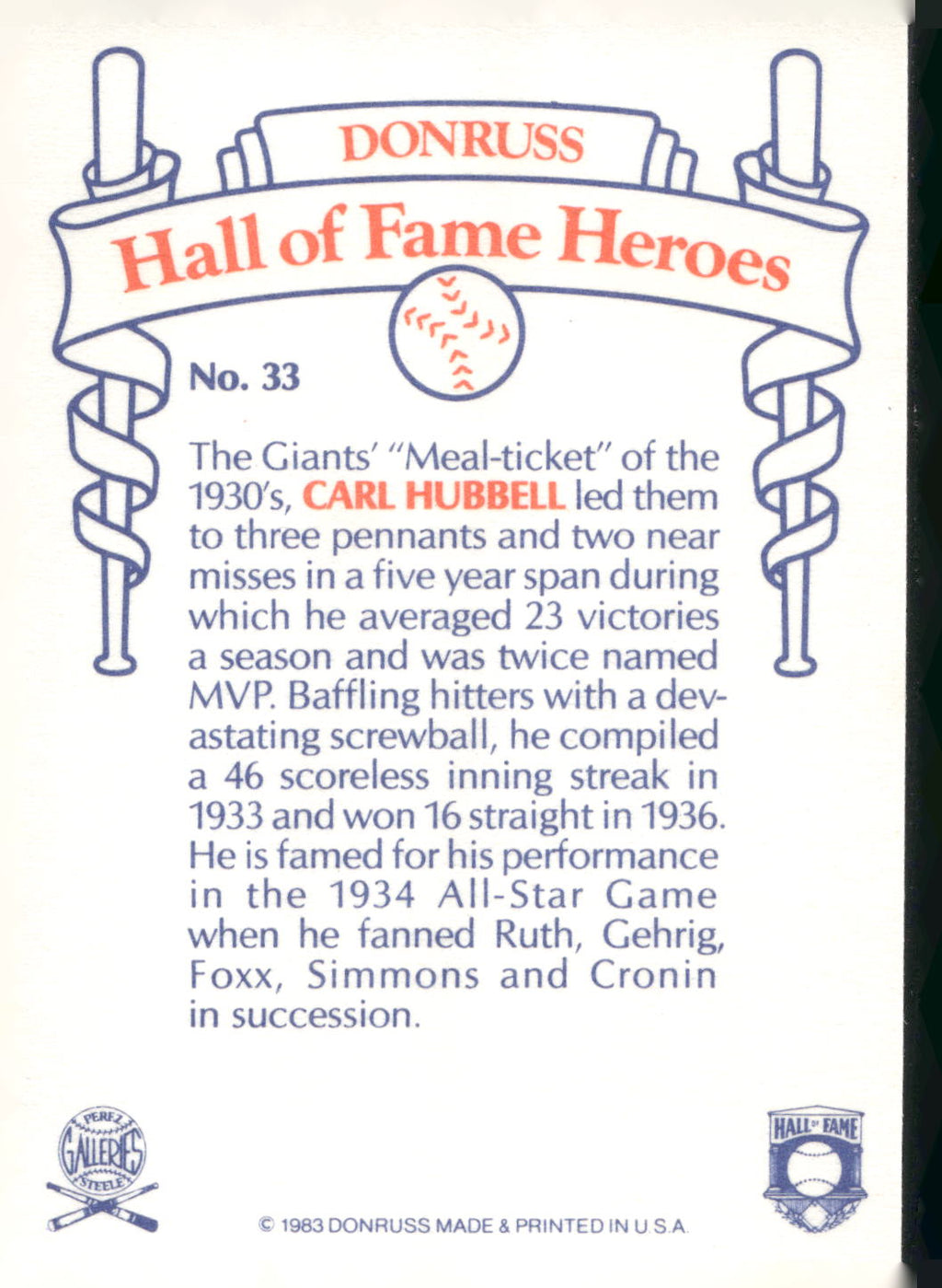 1983 Donruss Hall of Fame Heroes #33 Carl Hubbell