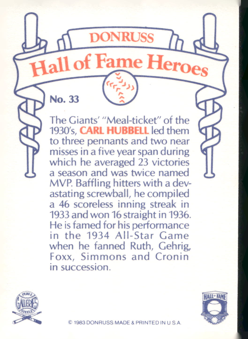 1983 Donruss Hall of Fame Heroes #33 Carl Hubbell