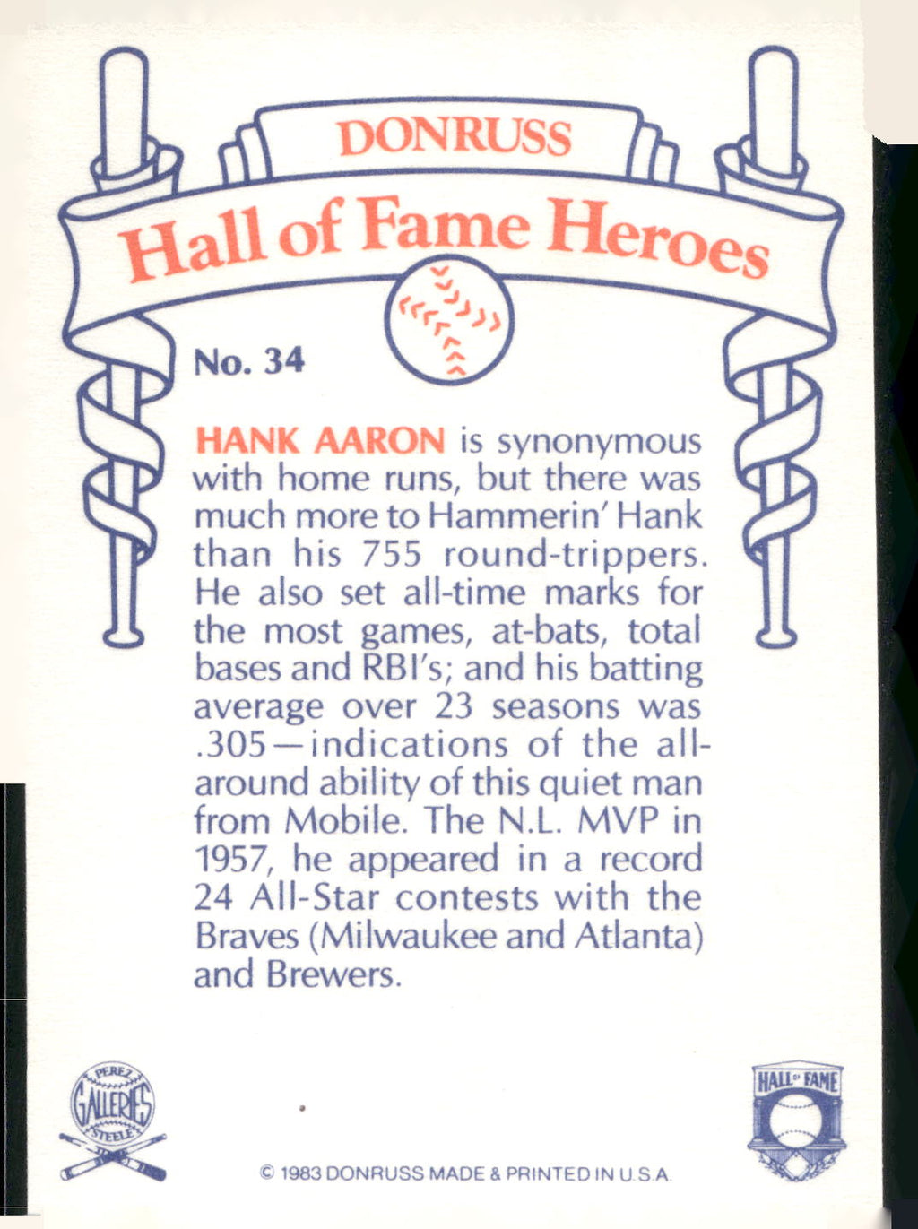 1983 Donruss Hall of Fame Heroes #34 Hank Aaron