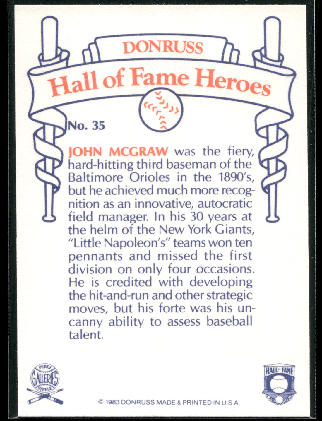 1983 Donruss Hall of Fame Heroes #35 John McGraw