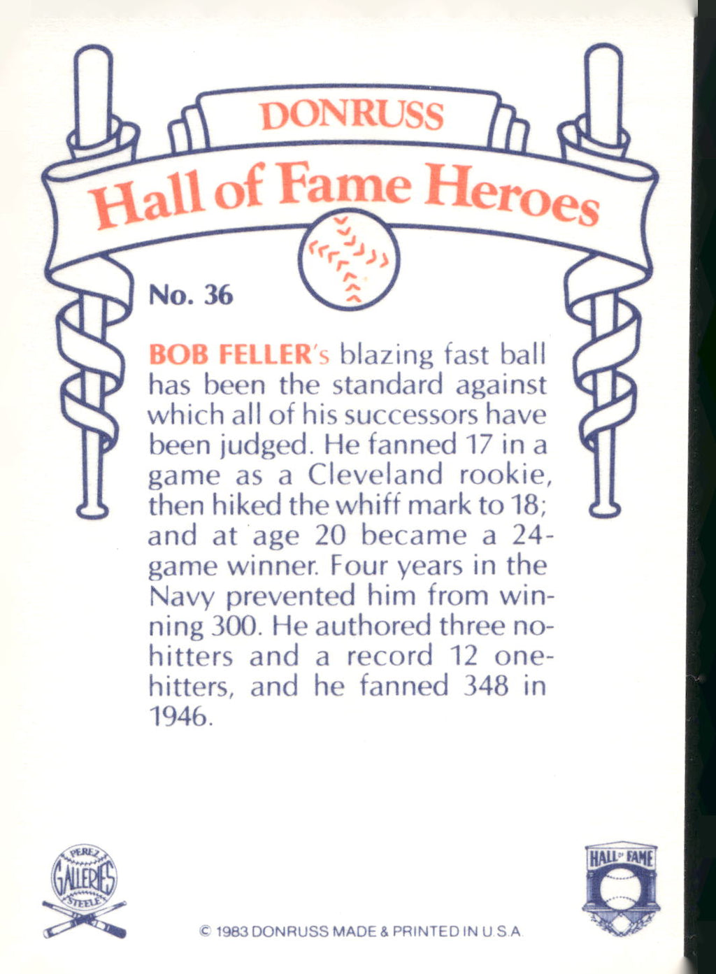 1983 Donruss Hall of Fame Heroes #36 Bob Feller