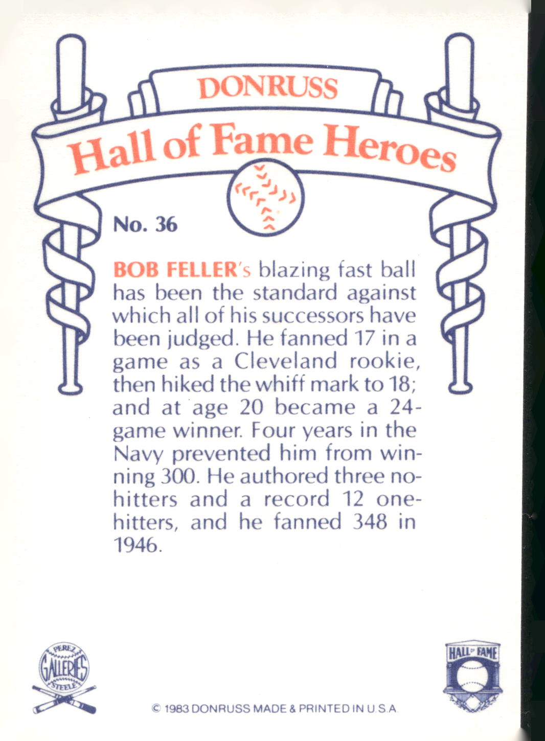 1983 Donruss Hall of Fame Heroes #36 Bob Feller