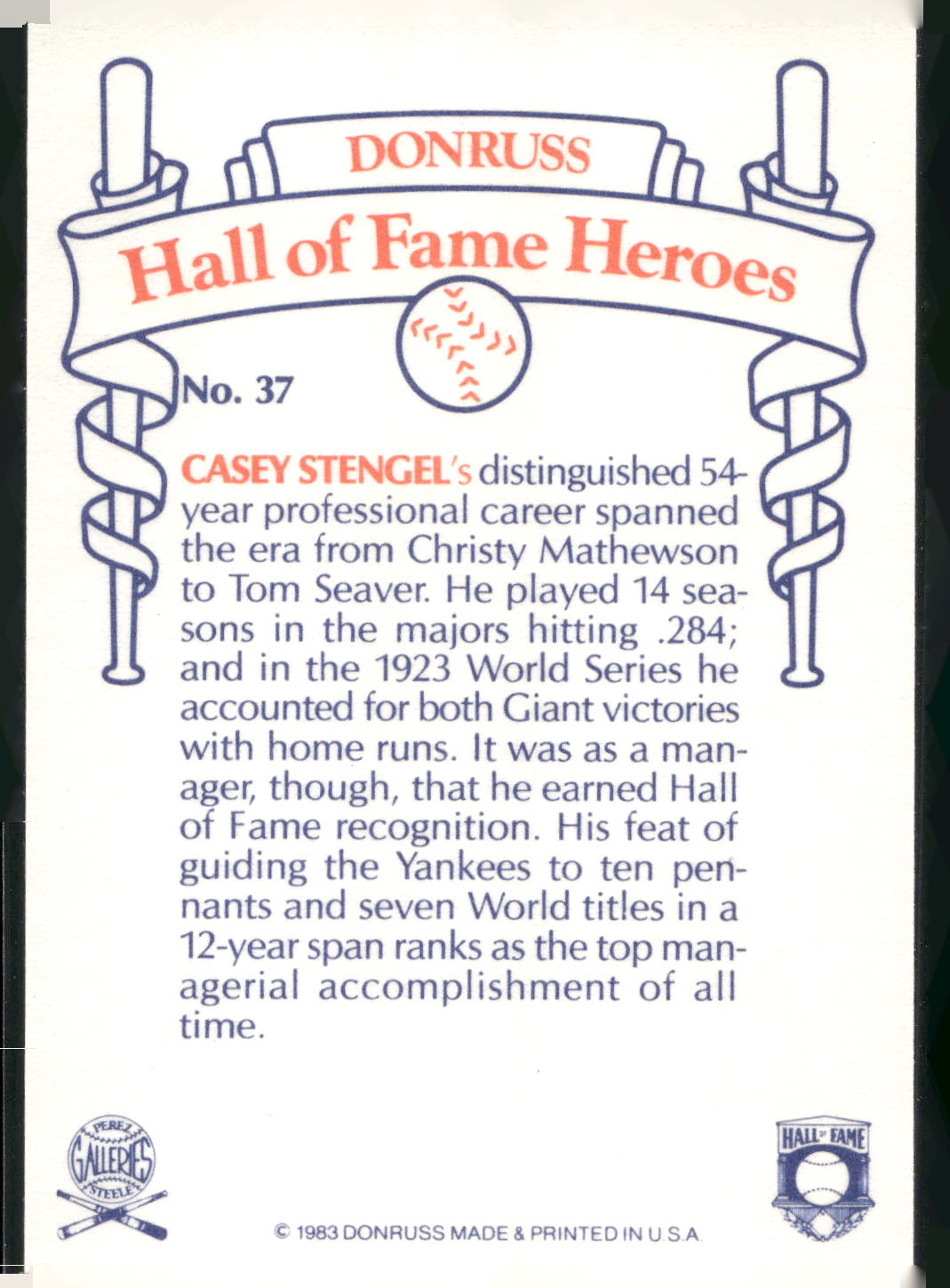 1983 Donruss Hall of Fame Heroes #37 Casey Stengel