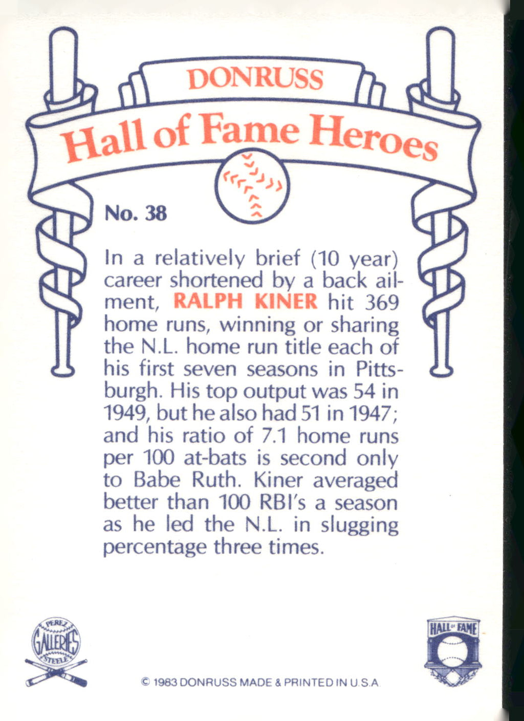 1983 Donruss Hall of Fame Heroes #38 Ralph Kiner