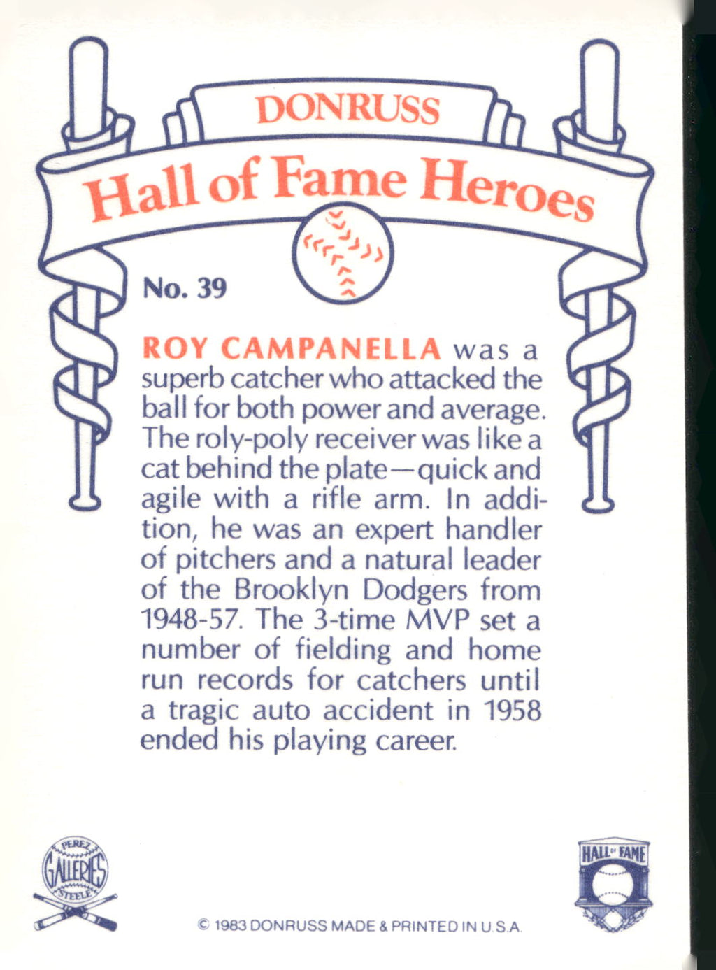 1983 Donruss Hall of Fame Heroes #39 Roy Campanella
