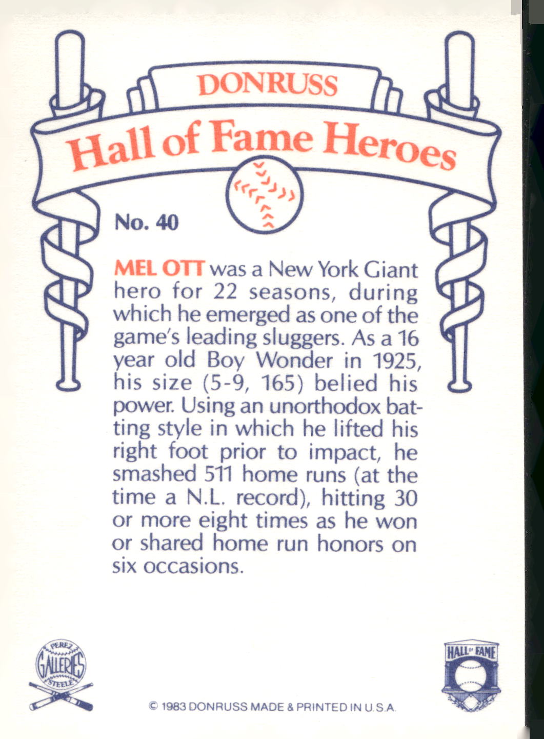 1983 Donruss Hall of Fame Heroes #40 Mel Ott