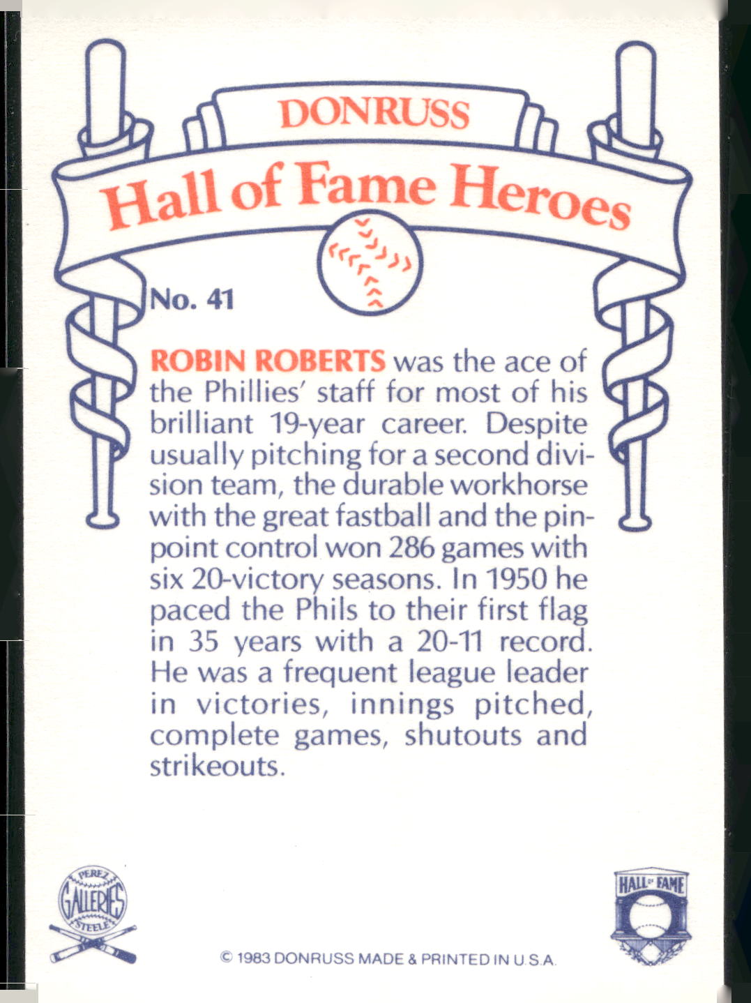 1983 Donruss Hall of Fame Heroes #41 Robin Roberts