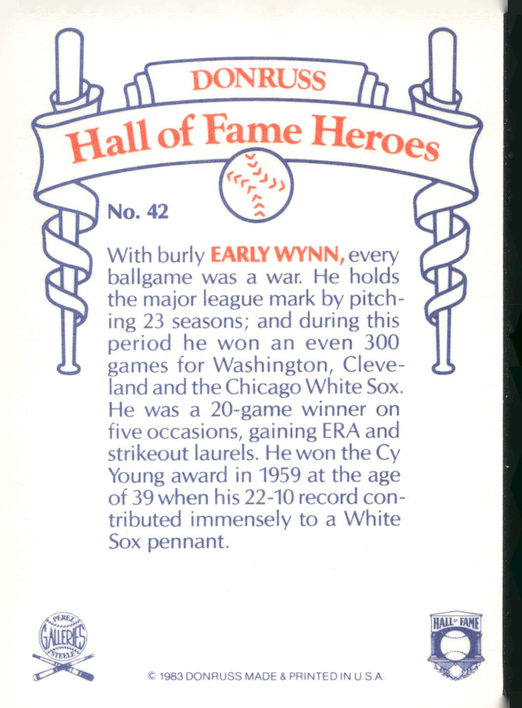 1983 Donruss Hall of Fame Heroes #42 Early Wynn