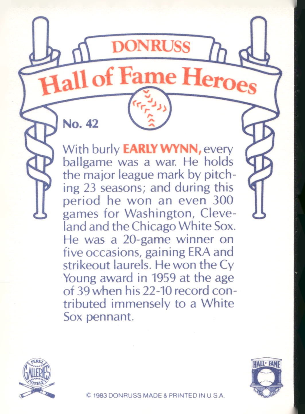 1983 Donruss Hall of Fame Heroes #42 Early Wynn
