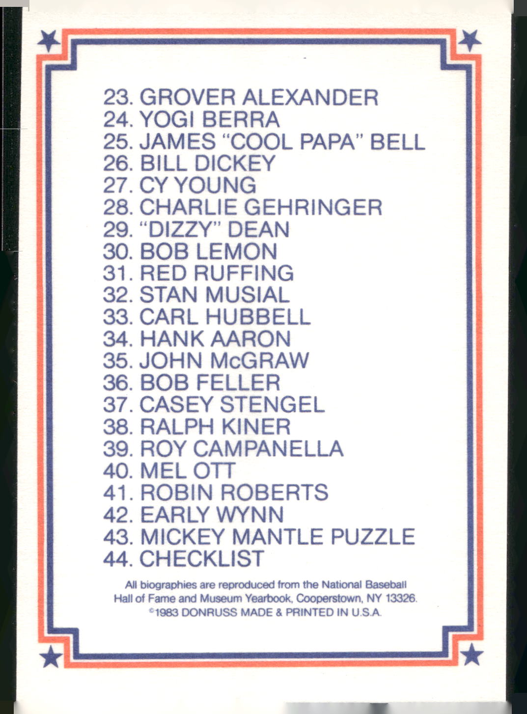 1983 Donruss Hall of Fame Heroes #44 Checklist