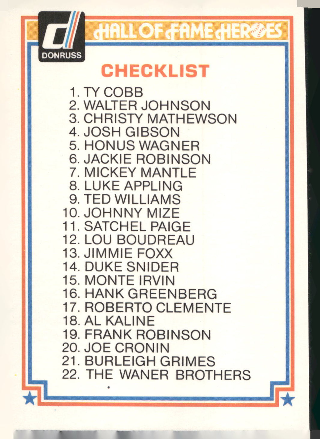 1983 Donruss Hall of Fame Heroes #44 Checklist