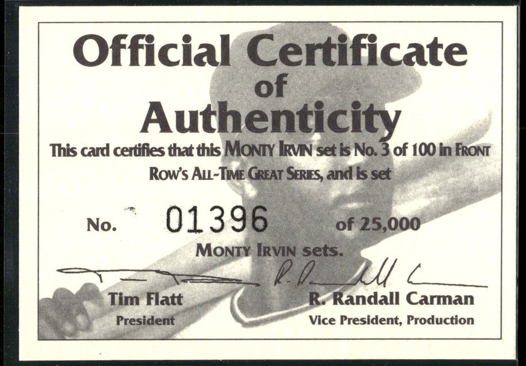 1992 Front Row All-Time Greats Monte Irvin Certificate of Authenticity #/25000