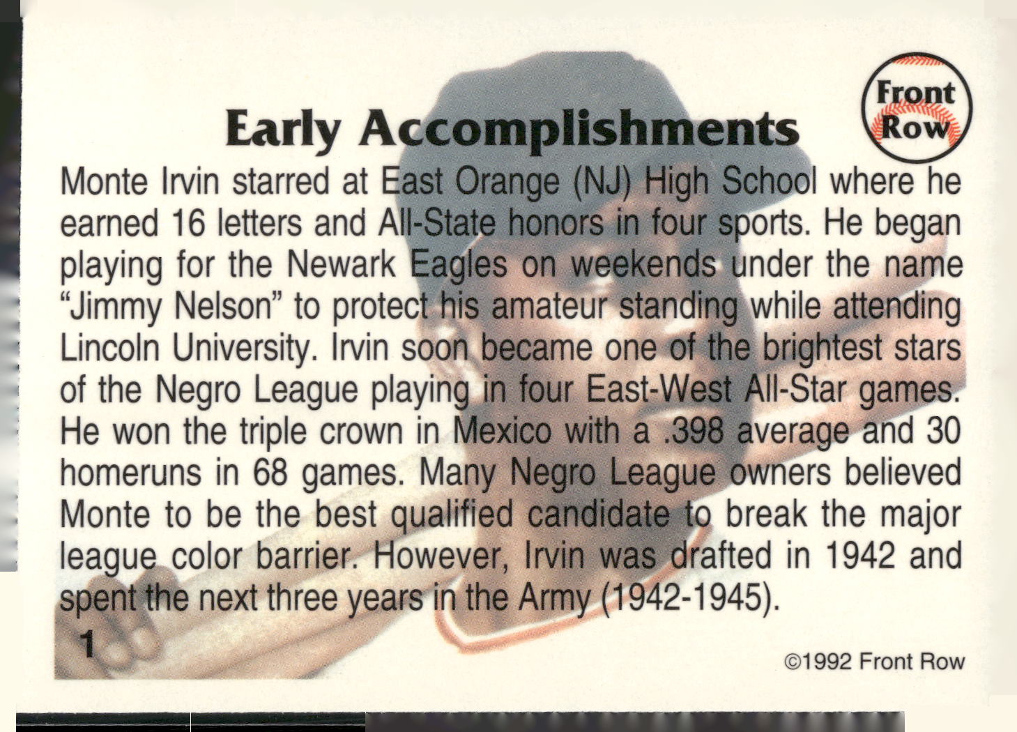 1992 Front Row All-Time Greats Monte Irvin #1 Monte Irvin