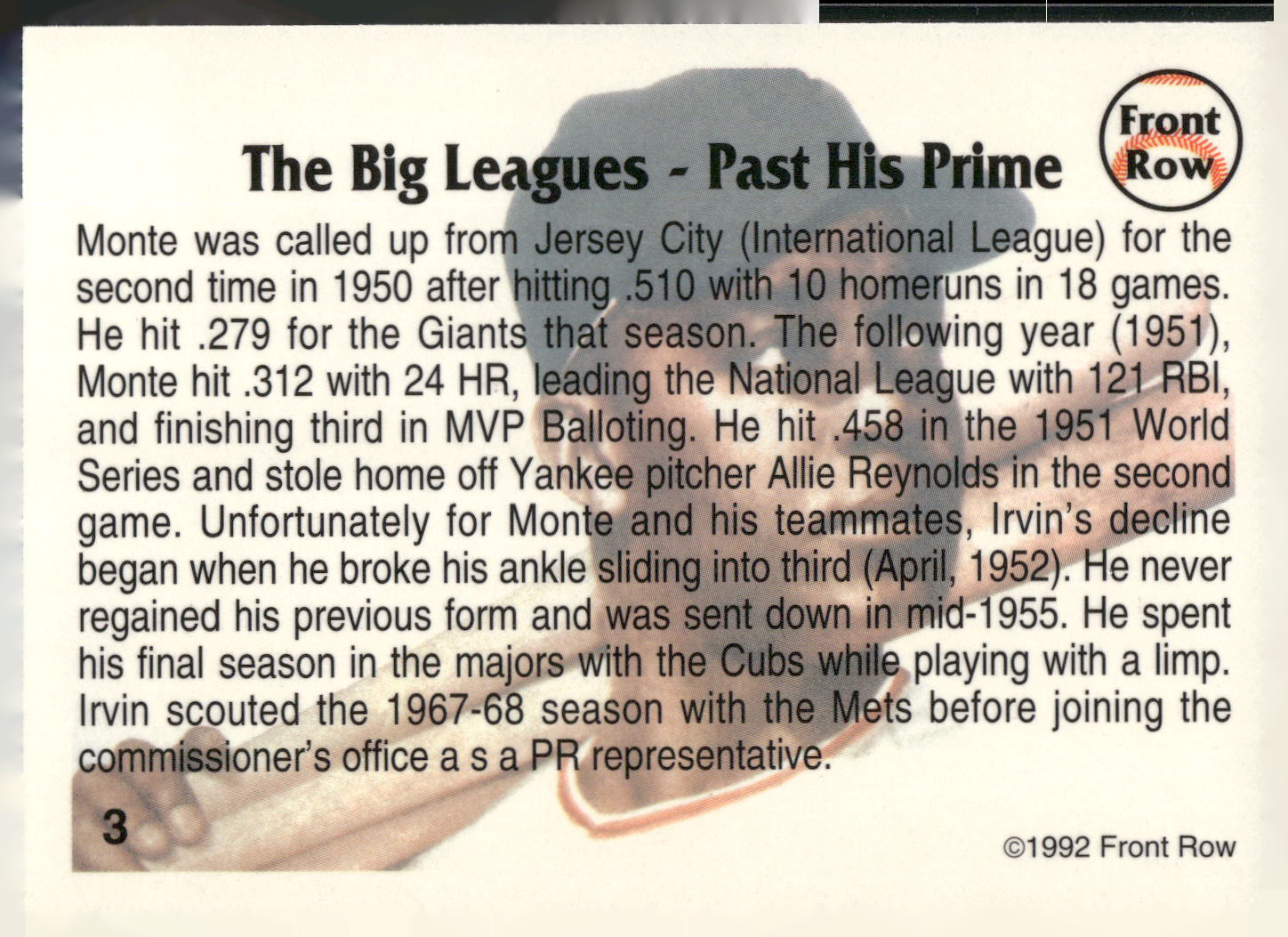 1992 Front Row All-Time Greats Monte Irvin #3 Monte Irvin
