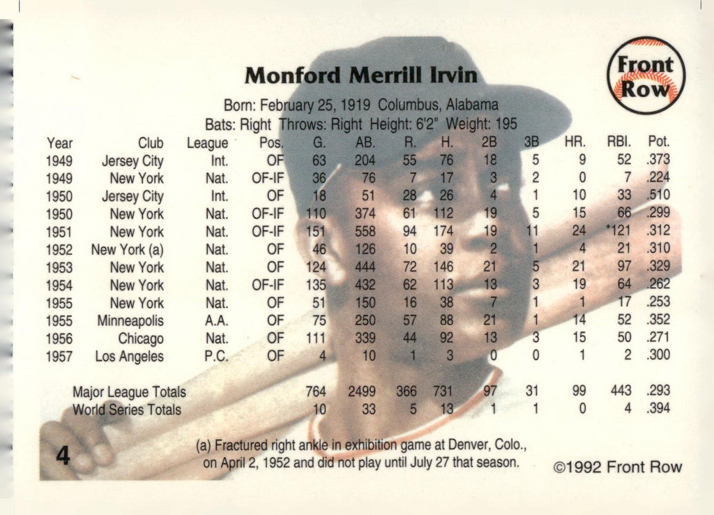 1992 Front Row All-Time Greats Monte Irvin #4 Monte Irvin