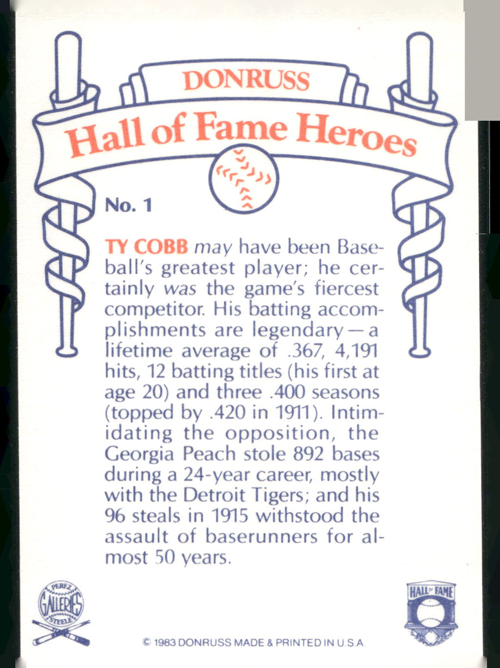 1983 Donruss Hall of Fame Heroes #1 Ty Cobb