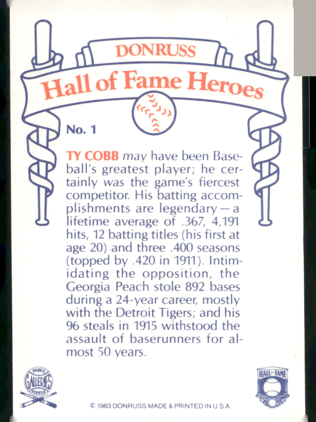 1983 Donruss Hall of Fame Heroes #1 Ty Cobb