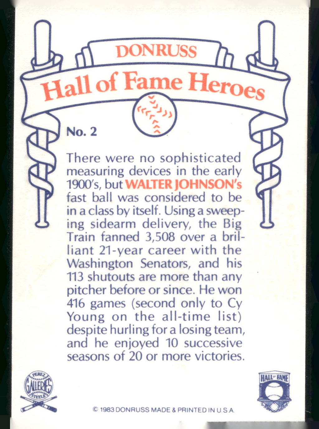 1983 Donruss Hall of Fame Heroes #2 Walter Johnson