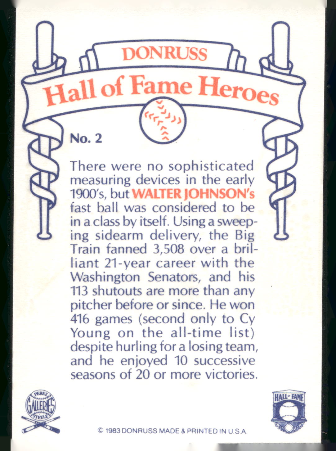 1983 Donruss Hall of Fame Heroes #2 Walter Johnson