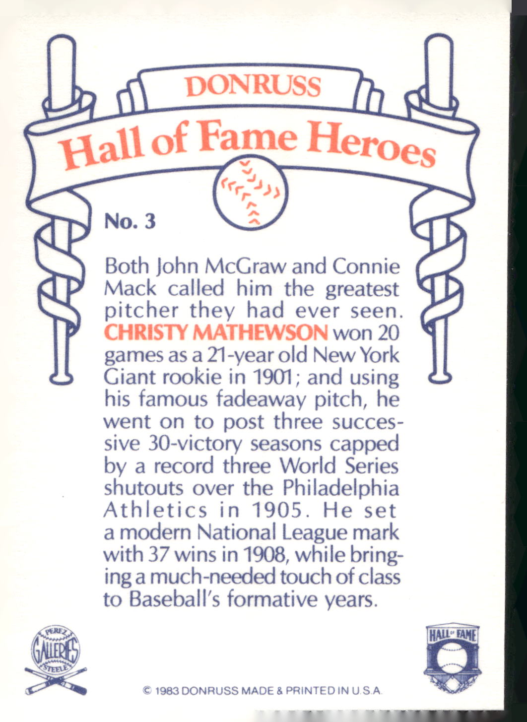 1983 Donruss Hall of Fame Heroes #3 Christy Mathewson