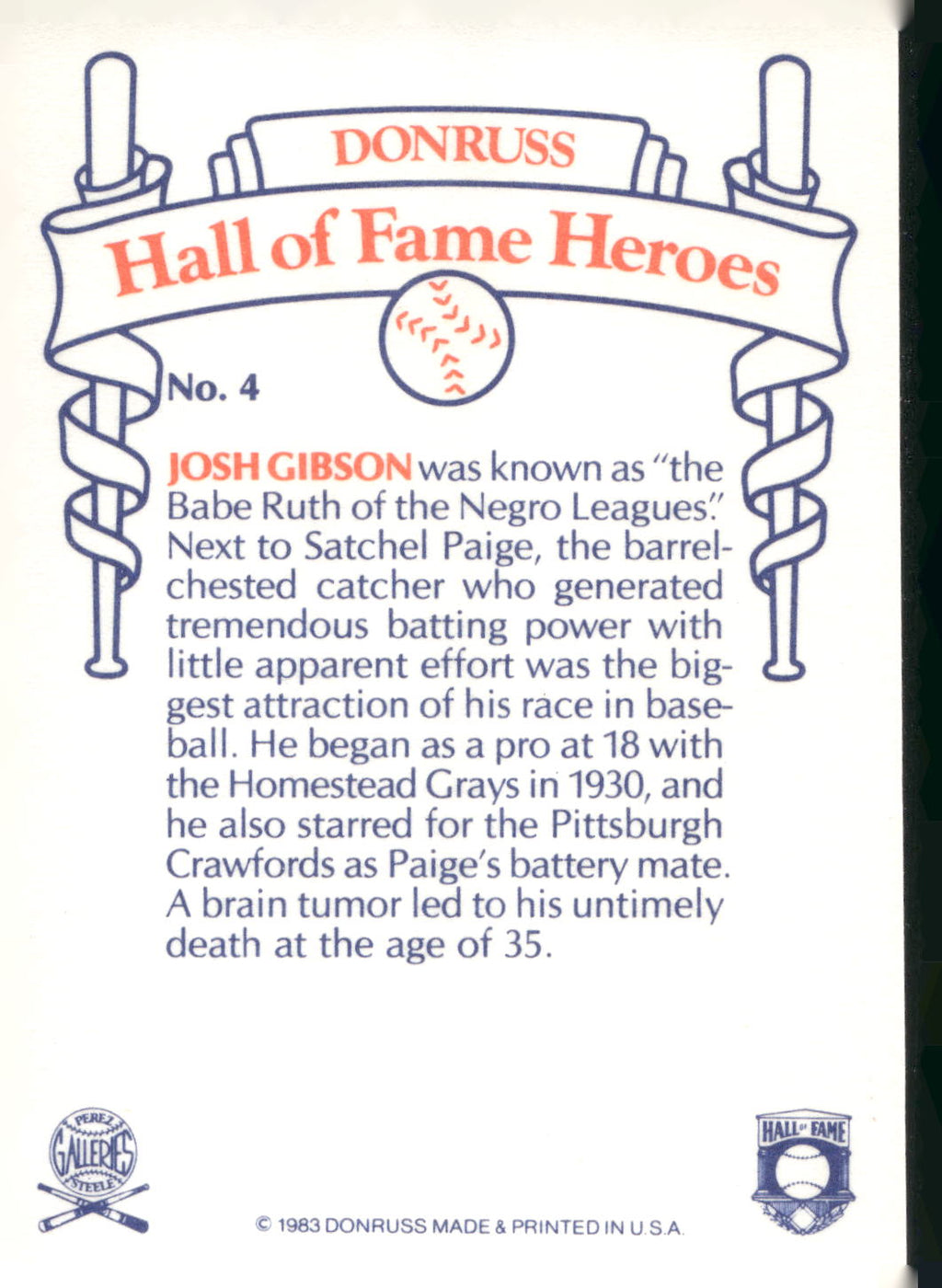1983 Donruss Hall of Fame Heroes #4 Josh Gibson