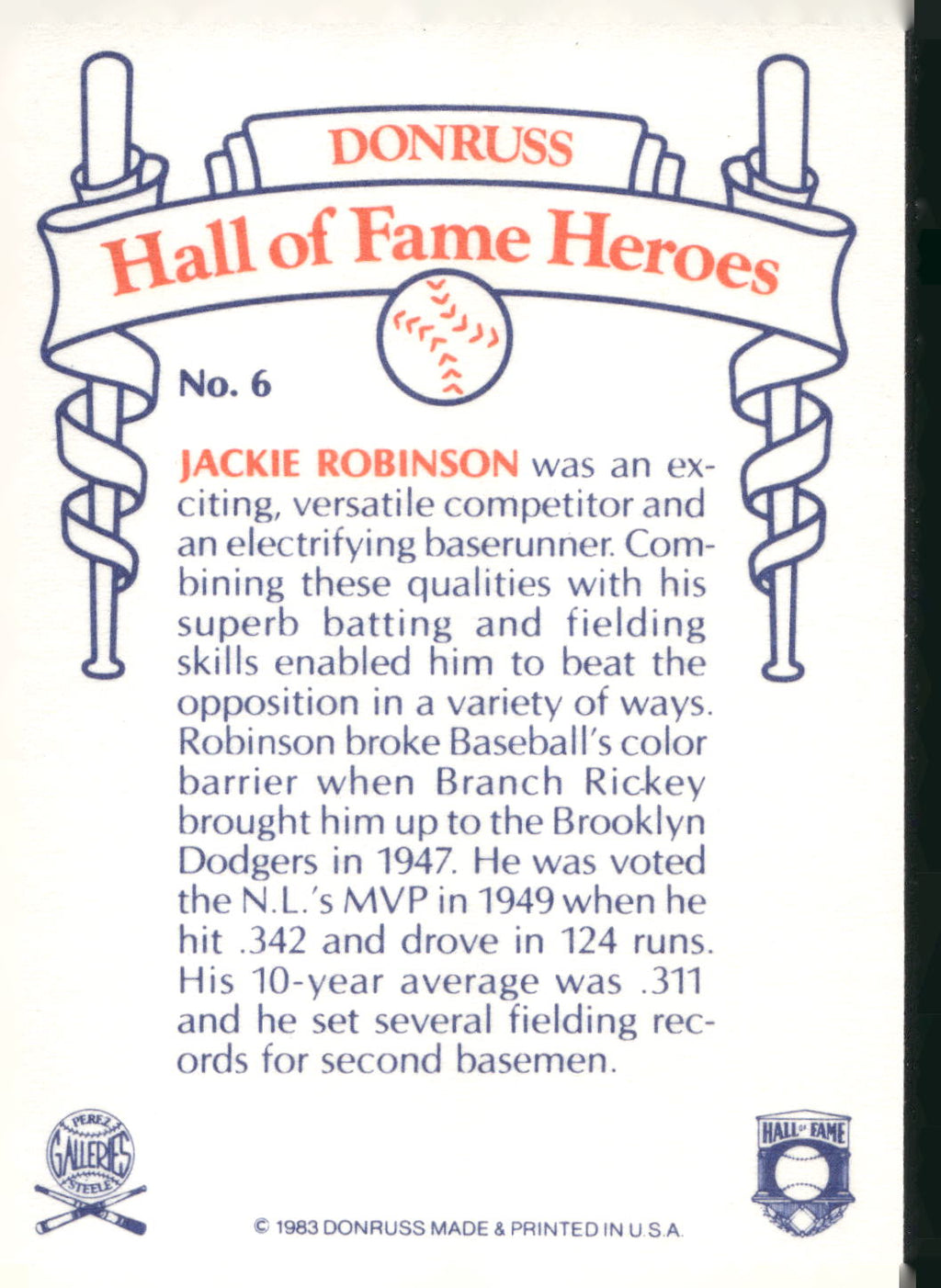 1983 Donruss Hall of Fame Heroes #6 Jackie Robinson