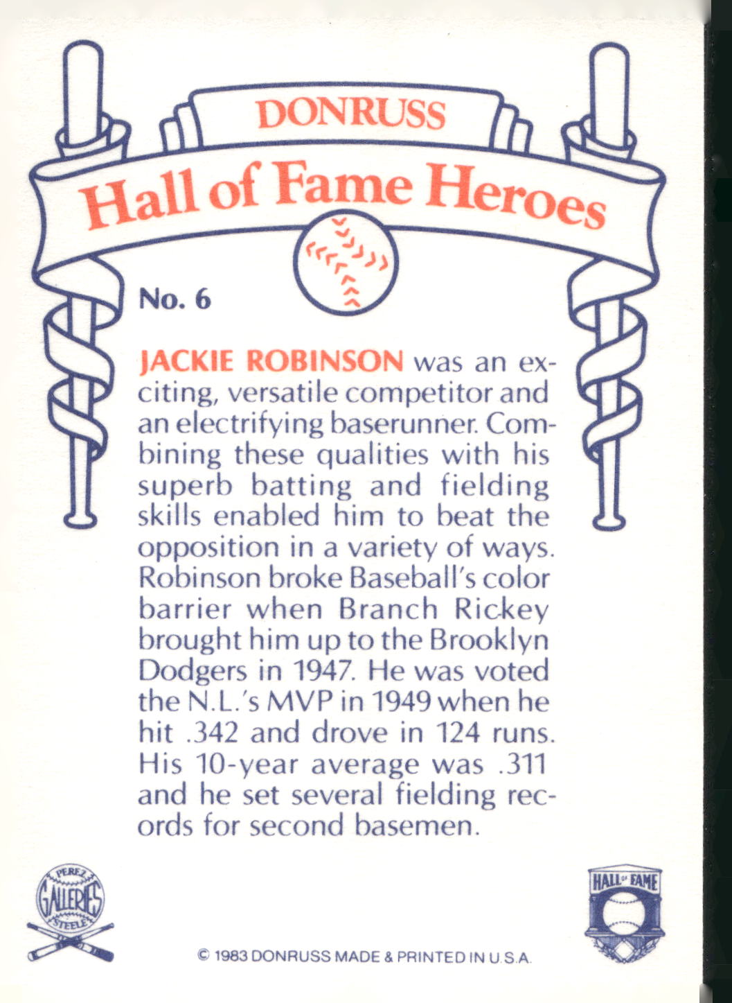 1983 Donruss Hall of Fame Heroes #6 Jackie Robinson