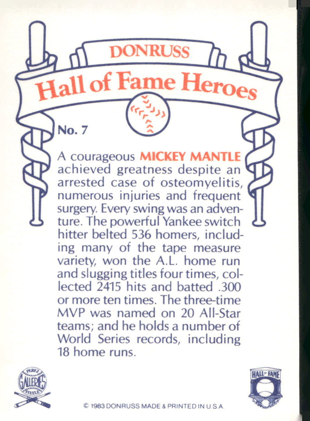 1983 Donruss Hall of Fame Heroes #7 Mickey Mantle