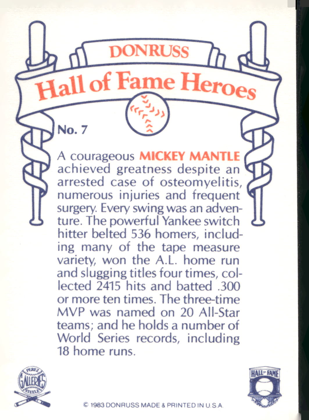 1983 Donruss Hall of Fame Heroes #7 Mickey Mantle