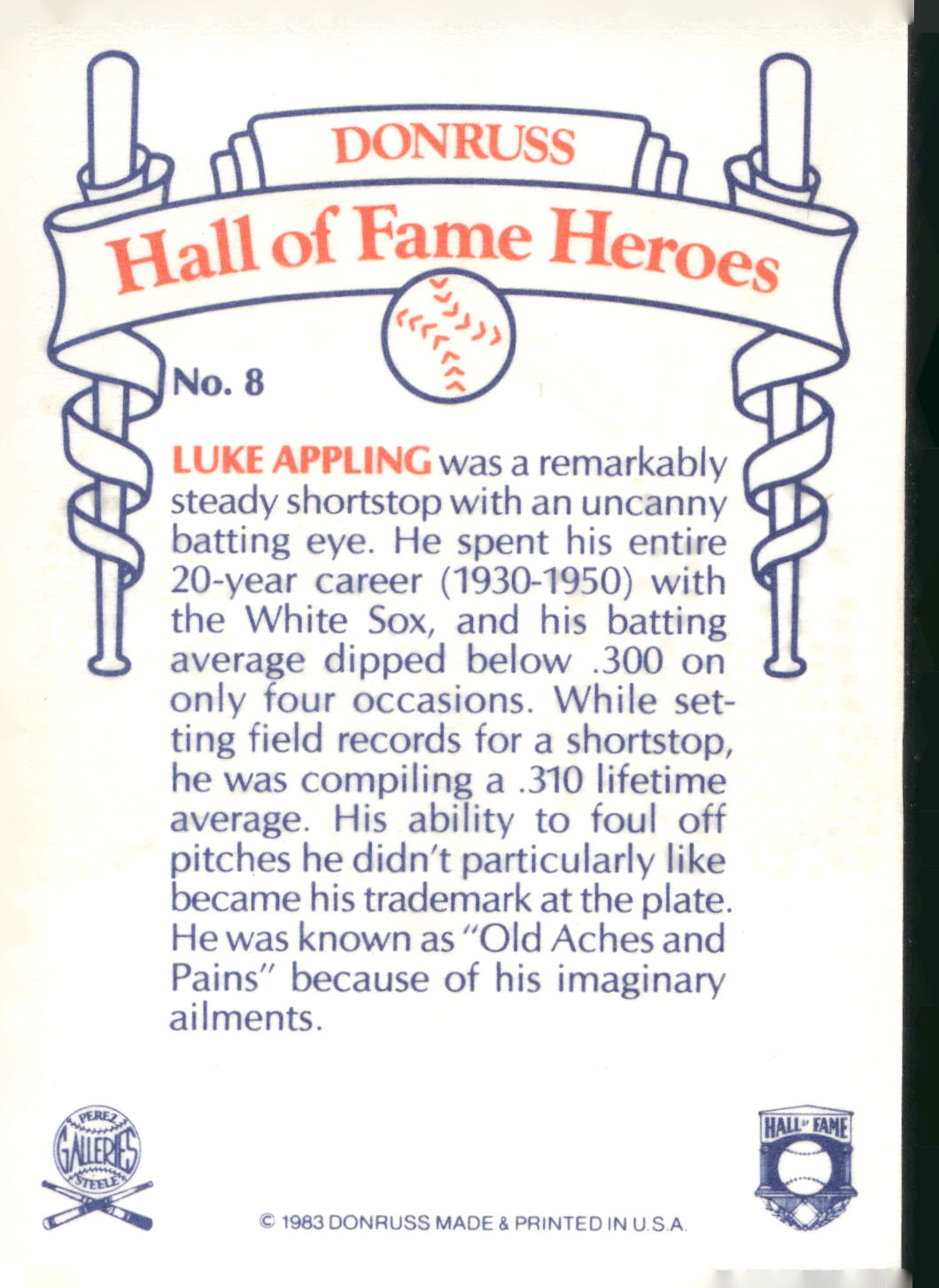 1983 Donruss Hall of Fame Heroes #8 Luke Appling